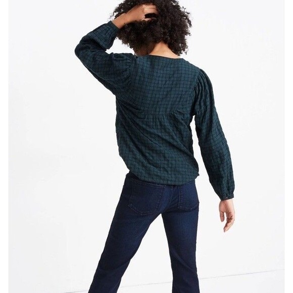 Madewell Balloon-Sleeve Peasant Top Plaid Button Front Blouse Green X Small - Picture 5 of 5